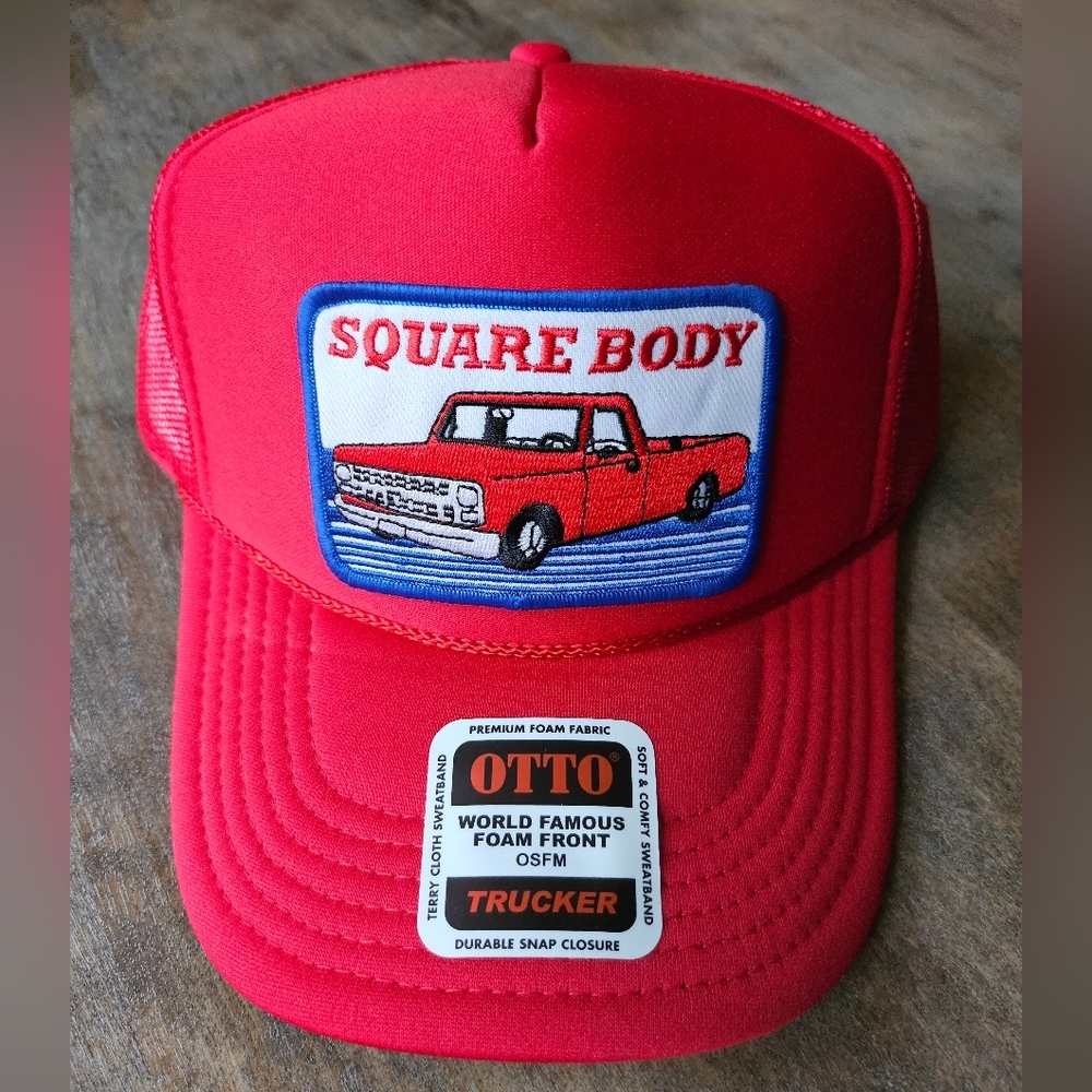NWT Red Square Body Red White and Blue Trucker Hat Classic Mesh Design